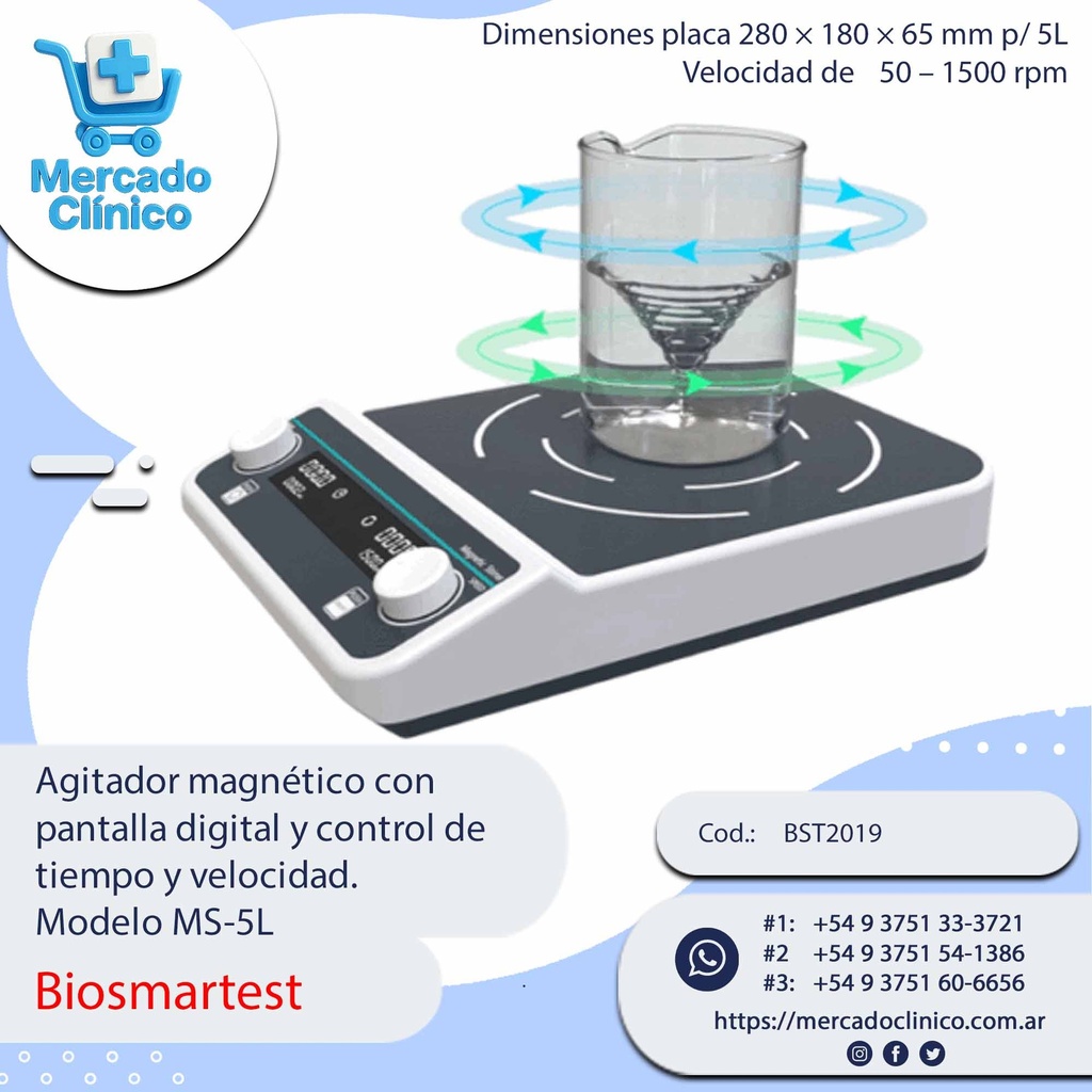 Agitador magnético con  pantalla digital y control de  tiempo y velocidad.  Modelo MS-5L - Biosmartest