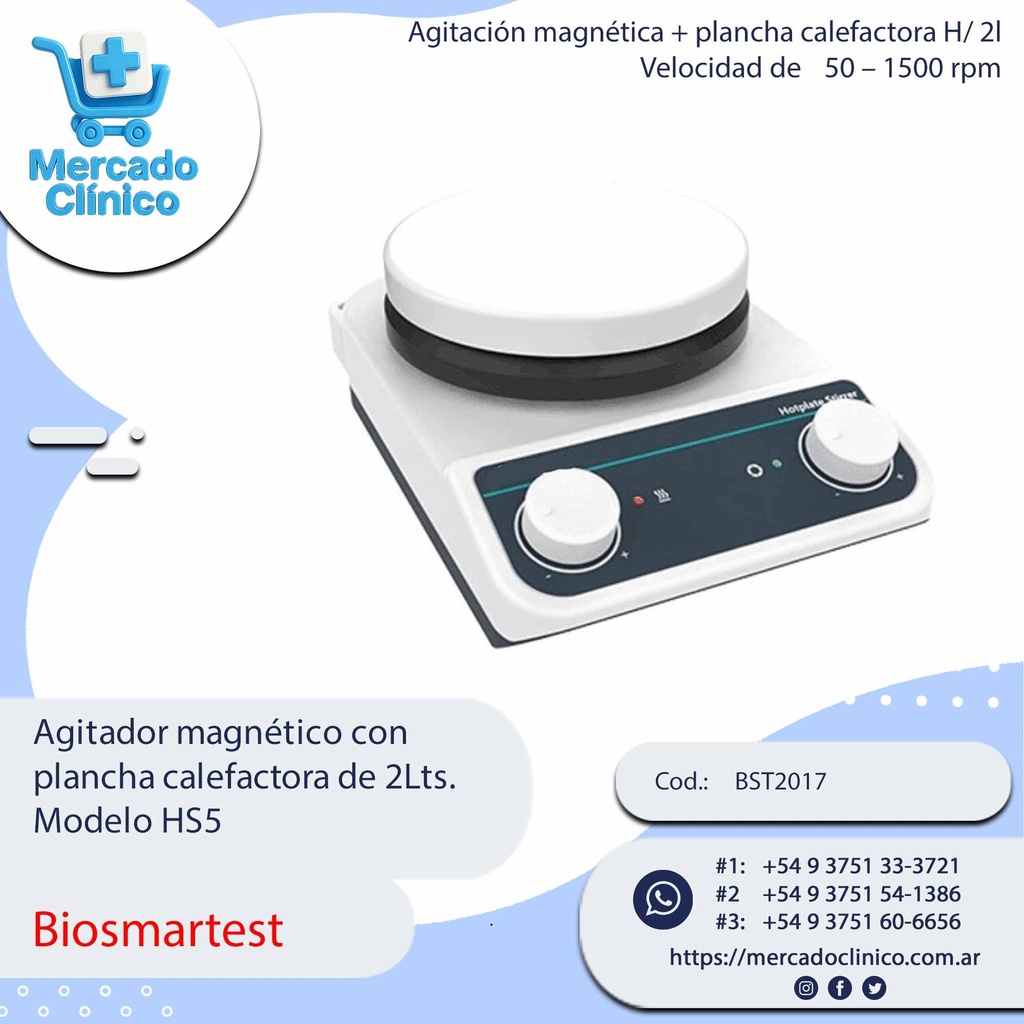 Agitador magnético con  plancha calefactora de 2Lts.  Modelo HS5 - Biosmartest