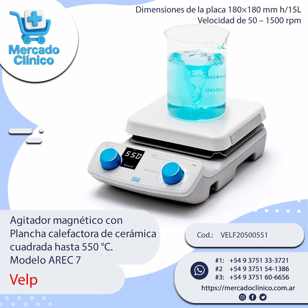 Agitador magnético con Plancha calefactora de cerámica cuadrada hasta 550 °C. Modelo AREC 7 - Velp
