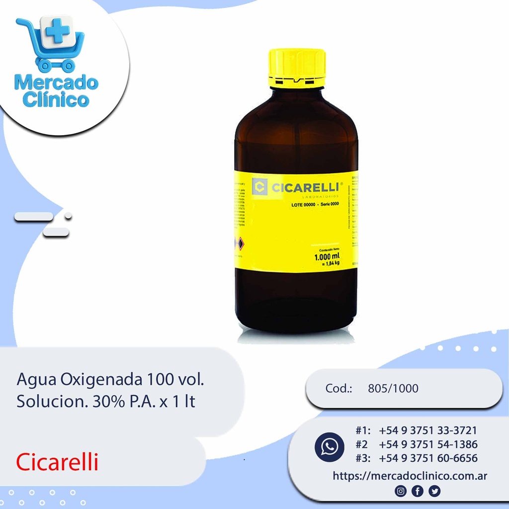 Agua Oxigenada 100 vol.  Solucion. 30% P.A. x 1 lt - Cicarelli
