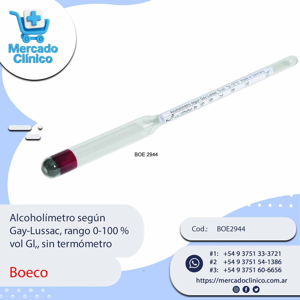 Alcoholímetro según  Gay-Lussac, rango 0-100 % vol Gl,, sin termómetro - Boeco
