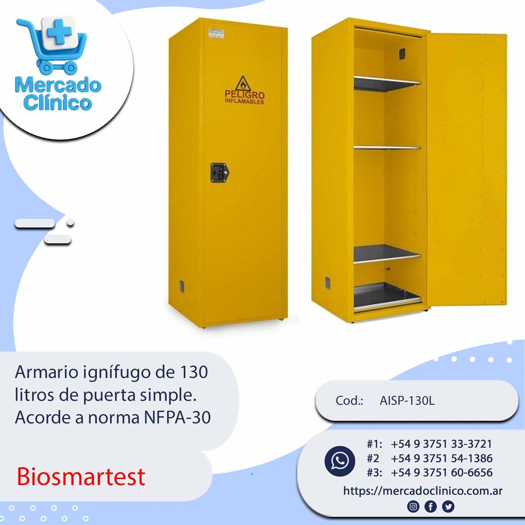 Armario ignífugo de 130  litros de puerta simple.  Acorde a norma NFPA-30 - Biosmartest