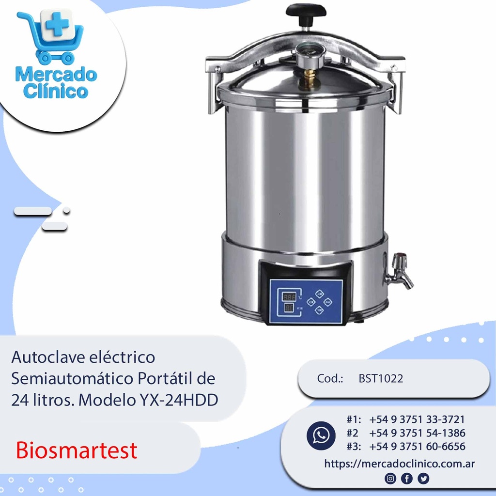 Autoclave eléctrico  Semiautomático Portátil de  24 litros. Modelo YX-24HDD - Biosmartest