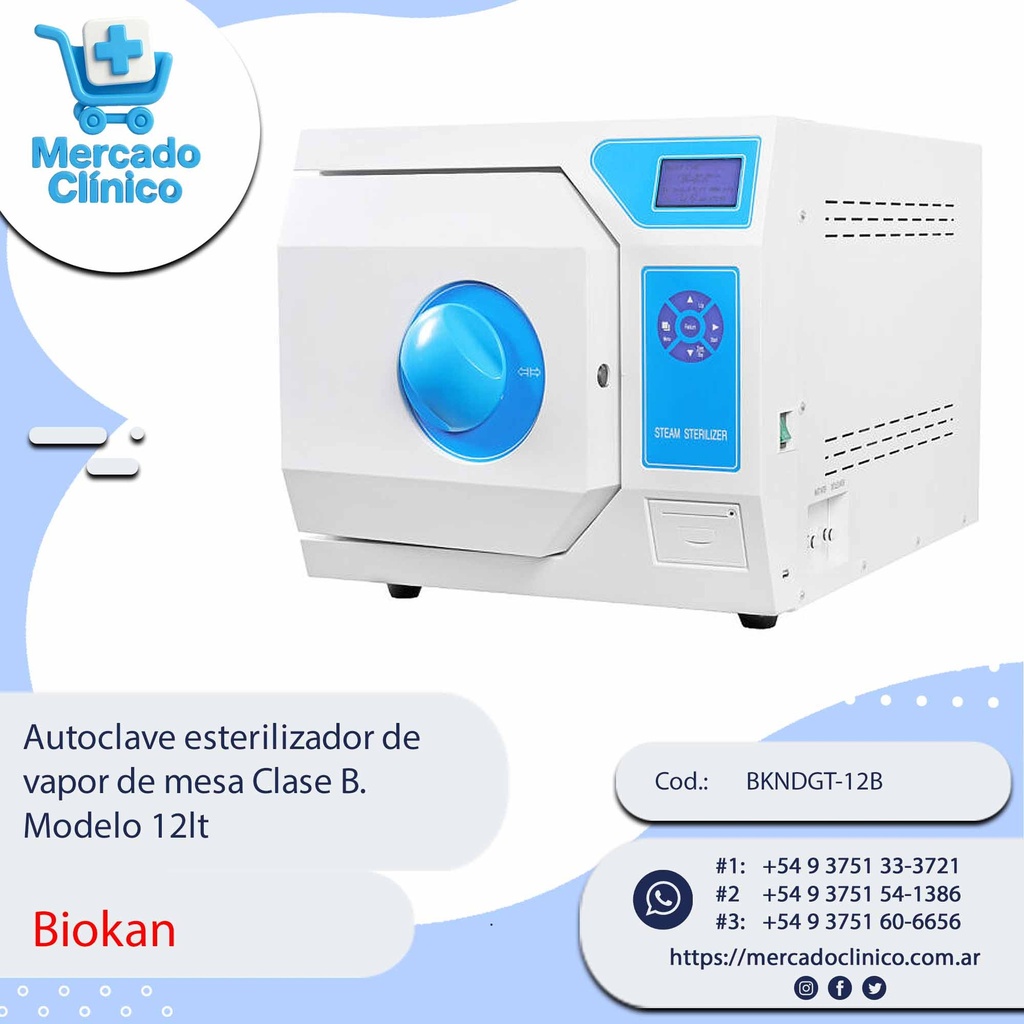 Autoclave esterilizador de  vapor de mesa Clase B.  Modelo 12lt - Biokan