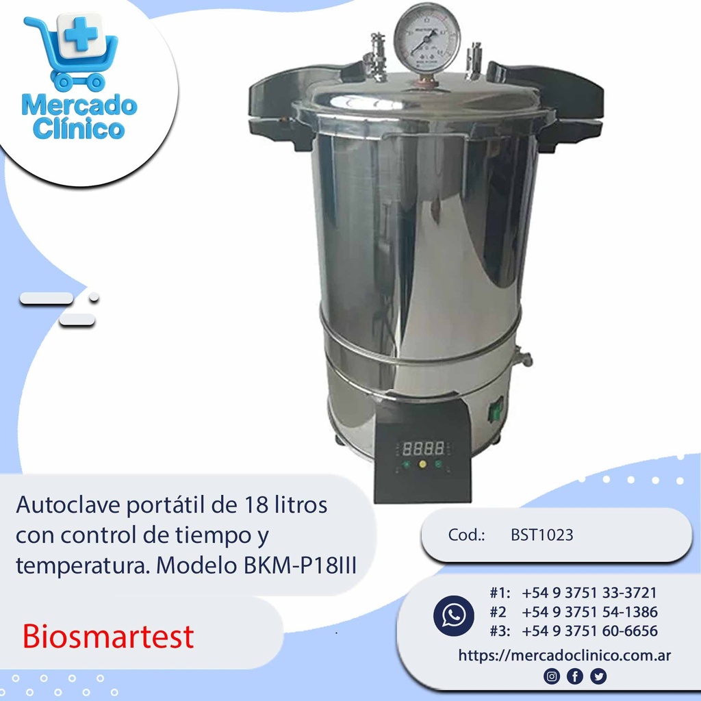 Autoclave portátil de 18 litros con control de tiempo y temperatura. Modelo BKM-P18III - Biosmartest