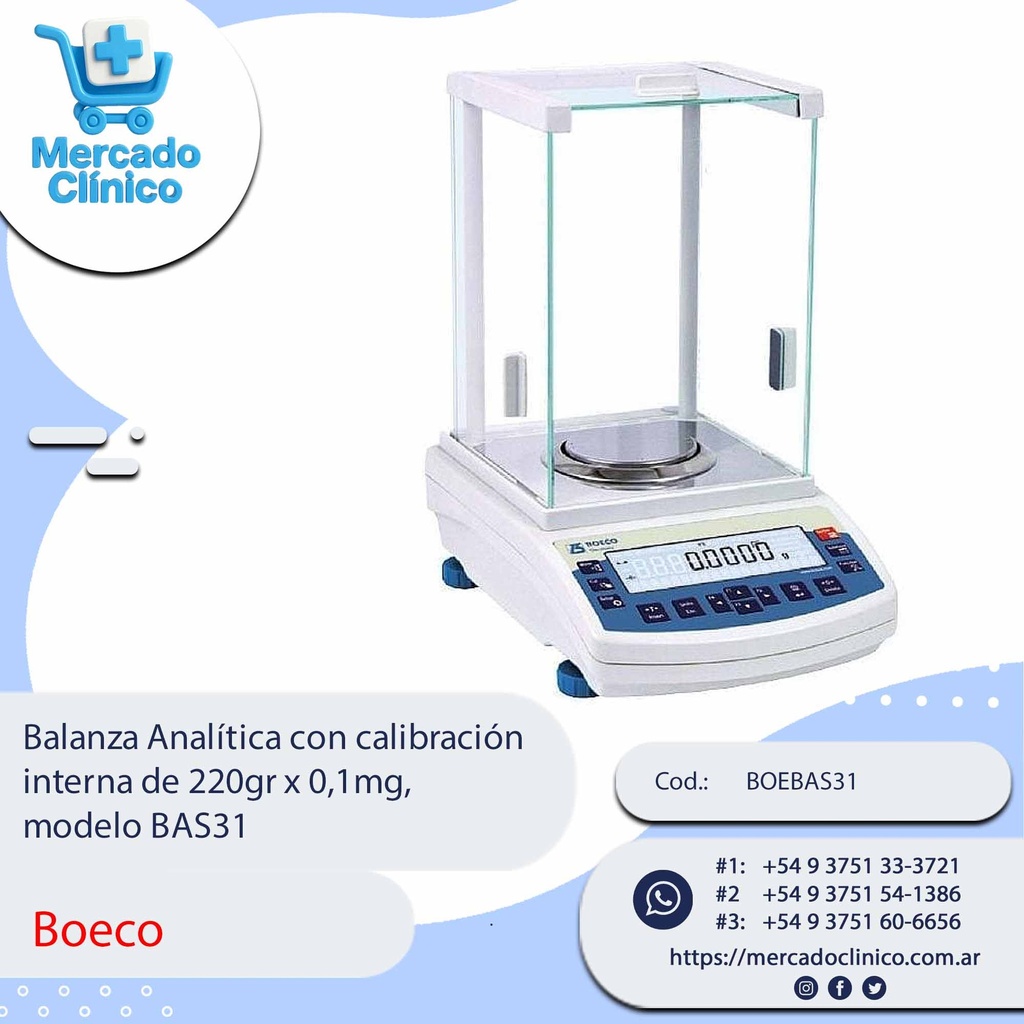 Balanza Analítica con calibración  interna de 220gr x 0,1mg, modelo BAS31 - Boeco