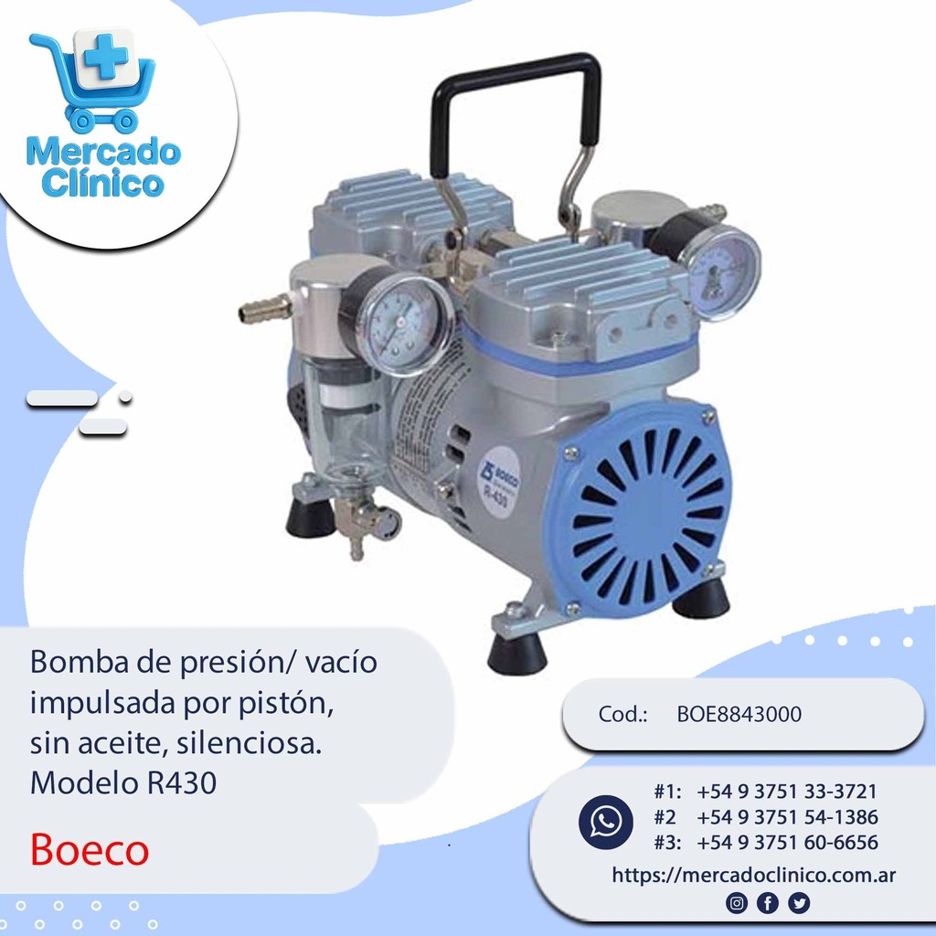 Bomba de presión/ vacío  impulsada por pistón,  sin aceite, silenciosa.  Modelo R430 - Boeco