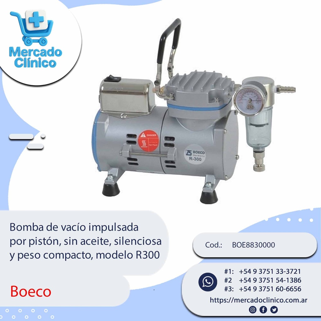 Bomba de vacío impulsada  por pistón, sin aceite, silenciosa  y peso compacto, modelo R300 - Boeco
