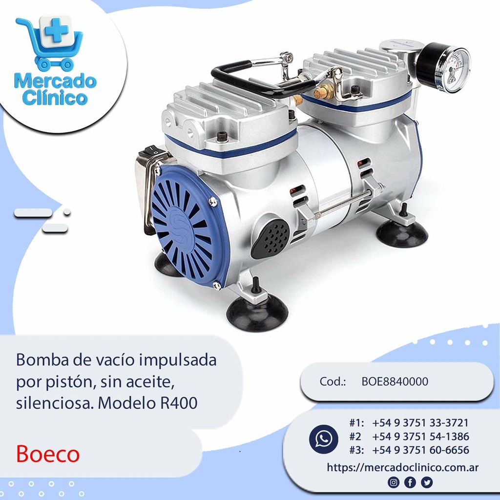Bomba de vacío impulsada  por pistón, sin aceite,  silenciosa. Modelo R400 - Boeco