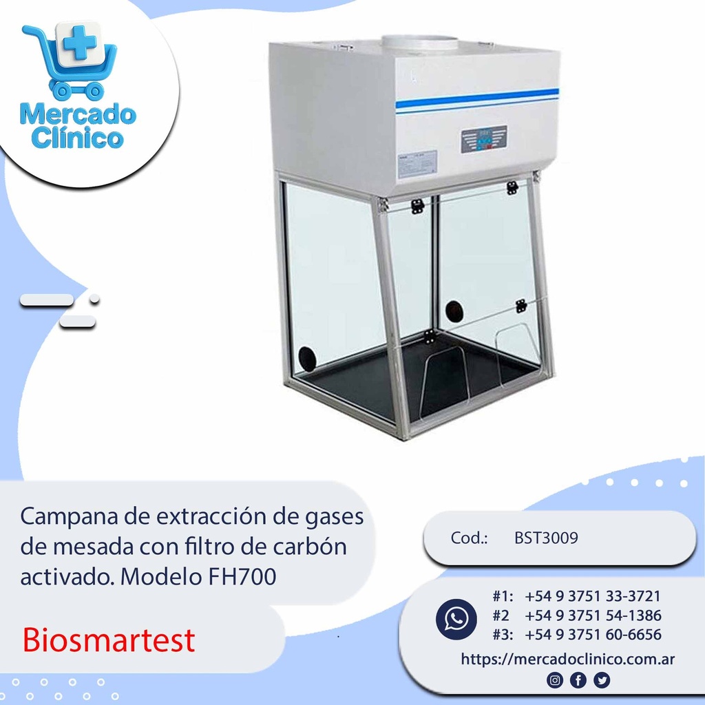 Campana de extracción de gases  de mesada con filtro de carbón  activado. Modelo FH700 - Biosmartest