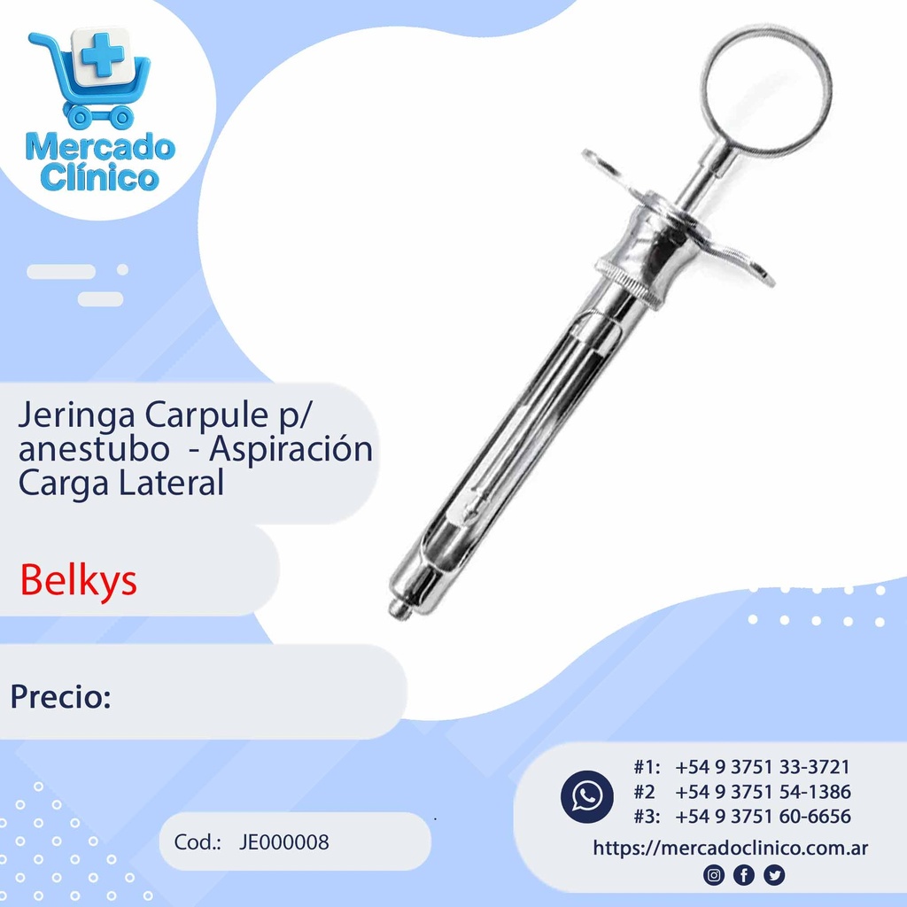 Jeringa Carpule p/ anestubo Aspiración Carga Lateral - Belkys 