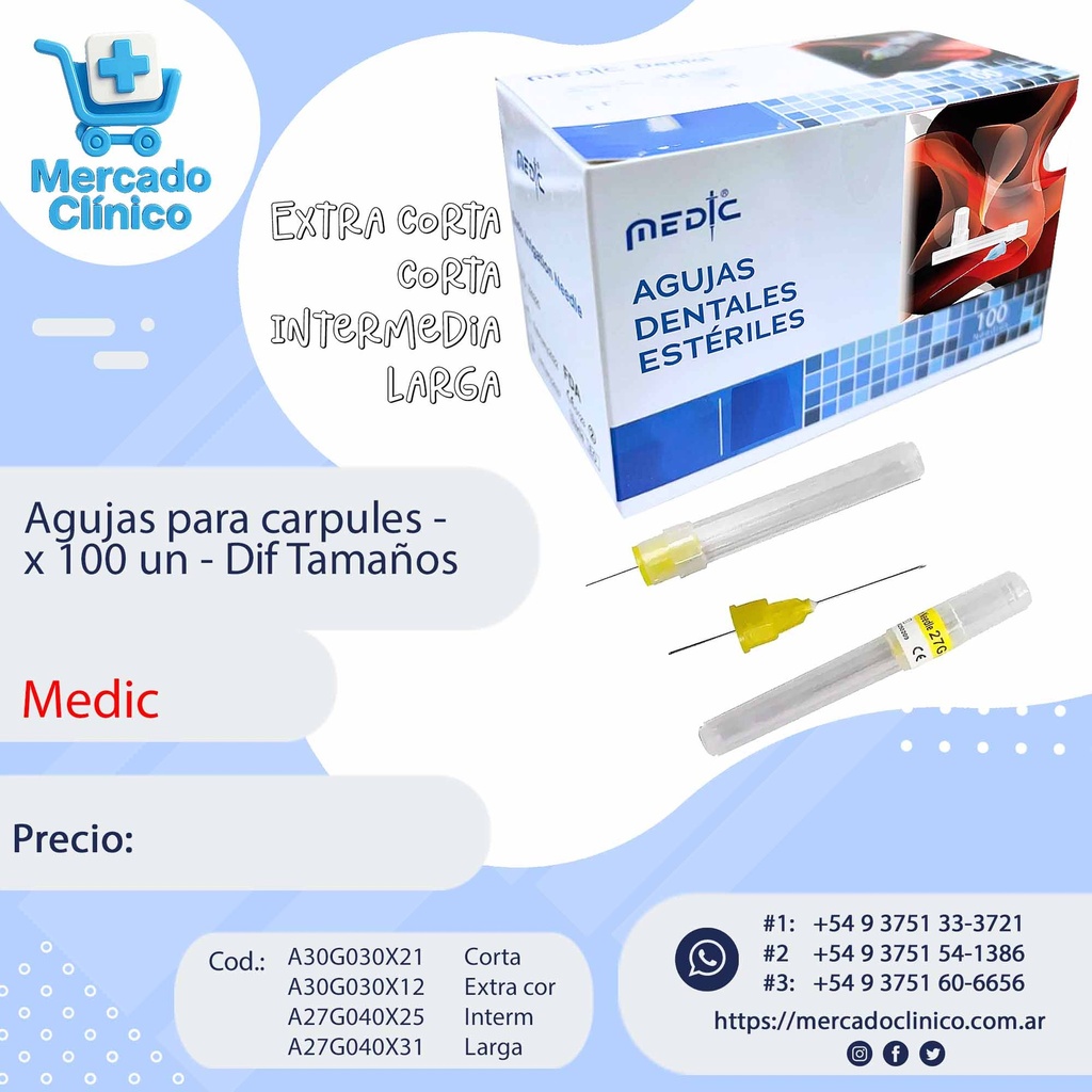 Agujas para carpules - x 100 un - MEDIC