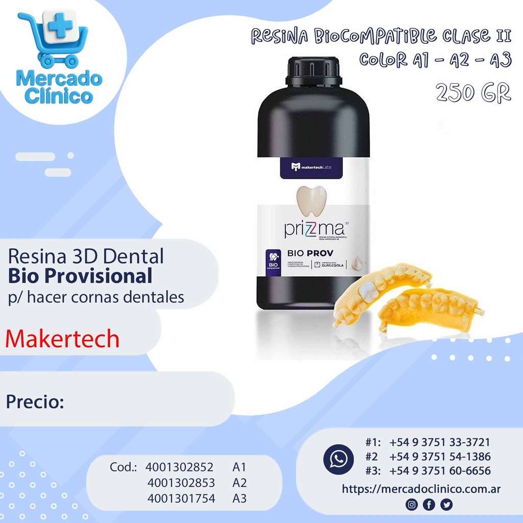 Resina 3D Dental Bio Provisional  p/ hacer coronas dentales - 250gr - Prizma - Makertech