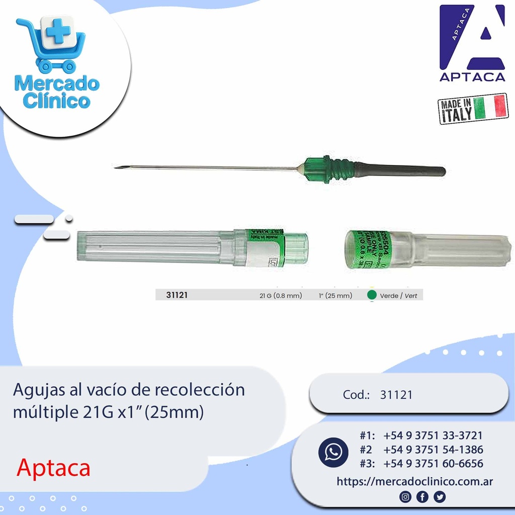 Agujas al vacío de recolección múltiple 21G x1” (25mm) -  Aptaca