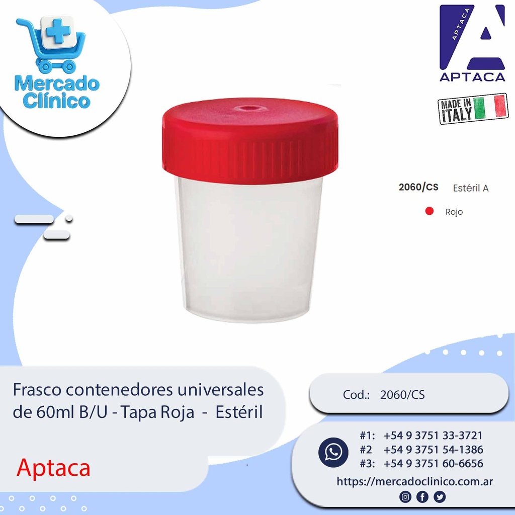 Frasco contenedores universale de 60ml B/U - Tapa Roja - Estéril - X unidad - Aptaca