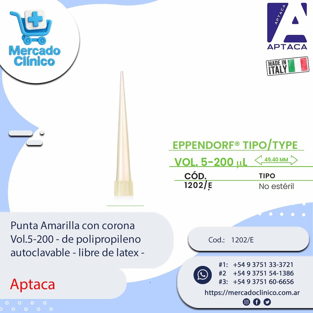 Punta Amarilla con corona  Vol.5-200 - de polipropileno autoclavable - libre de latex X Unidad - Aptaca 