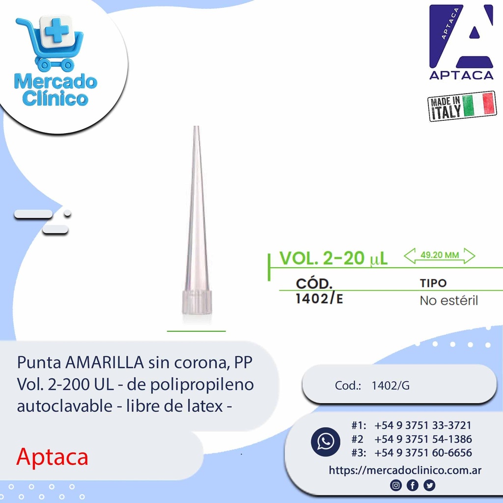Punta AMARILLA sin corona, PP Vol. 2-200 UL - de polipropileno autoclavable - libre de latex - Aptaca