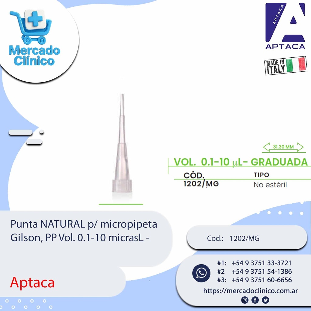 Punta NATURAL p/ micropipeta Gilson, PP Vol. 0.1-10 micrasL - Aptaca
