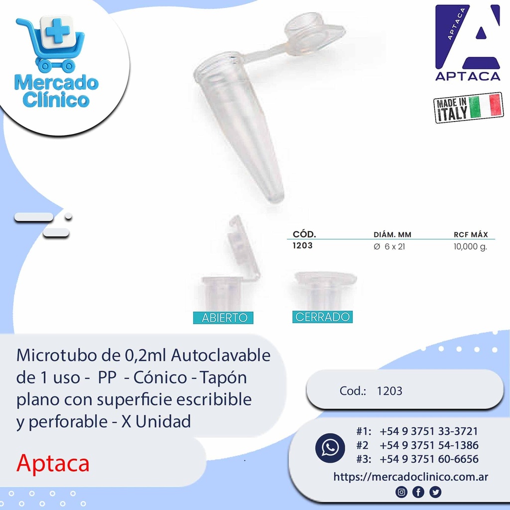 Microtubo cónico de 0,2ml - Autoclavable  de 1 uso -  PP  - Tapón plano con superficie escribible y perforable - Aptaca