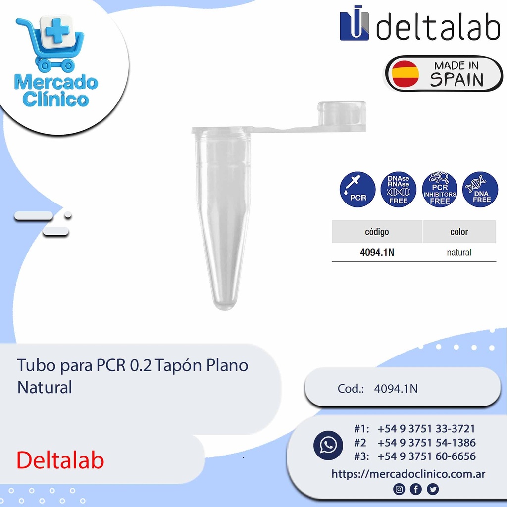 Tubo para PCR 0.2 Tapón Plano Natural - Deltalab