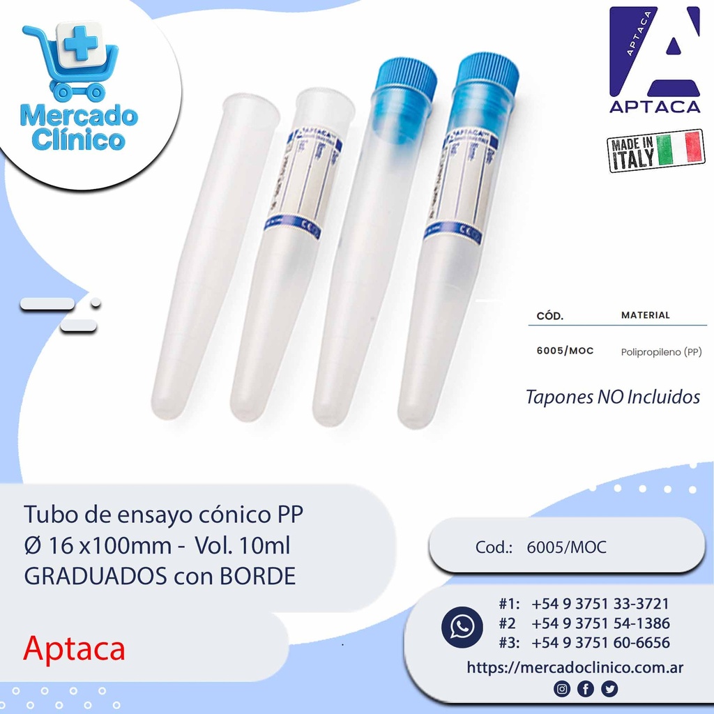 Tubo de ensayo cónico PP  Ø 16 x100mm -  Vol. 10ml  GRADUADOS con BORDE - Aptaca