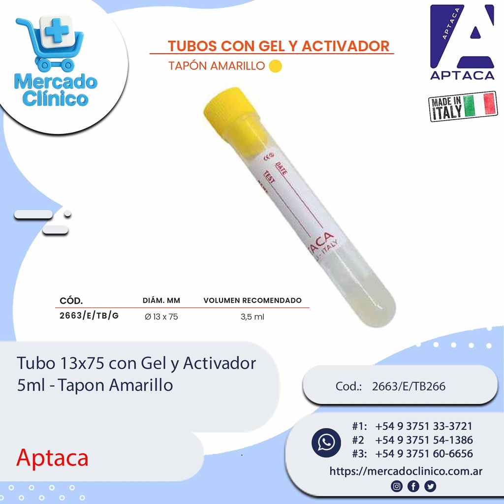 Tubo 13x75 con Gel y Activador  5ml - Tapon Amarillo - Aptaca