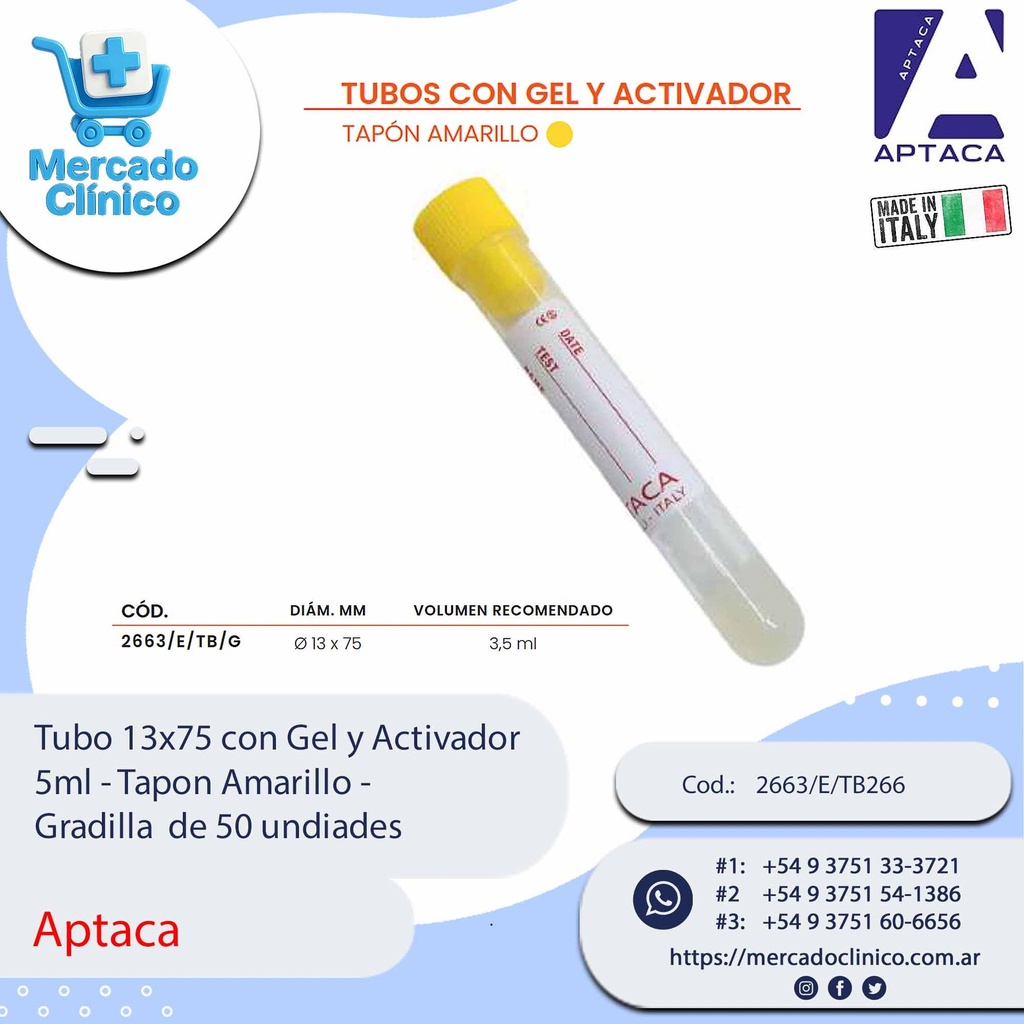 Tubo 13x75 con Gel y Activador  5ml - Tapon Amarillo - Gradilla 50 Unidades - Aptaca