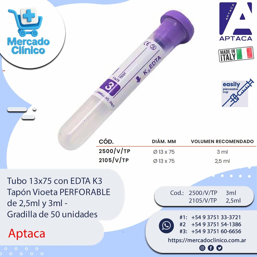 Tubo 13x75 con EDTA K3  Tapón Vioeta PERFORABLE de 2,5ml y 3ml - Aptaca