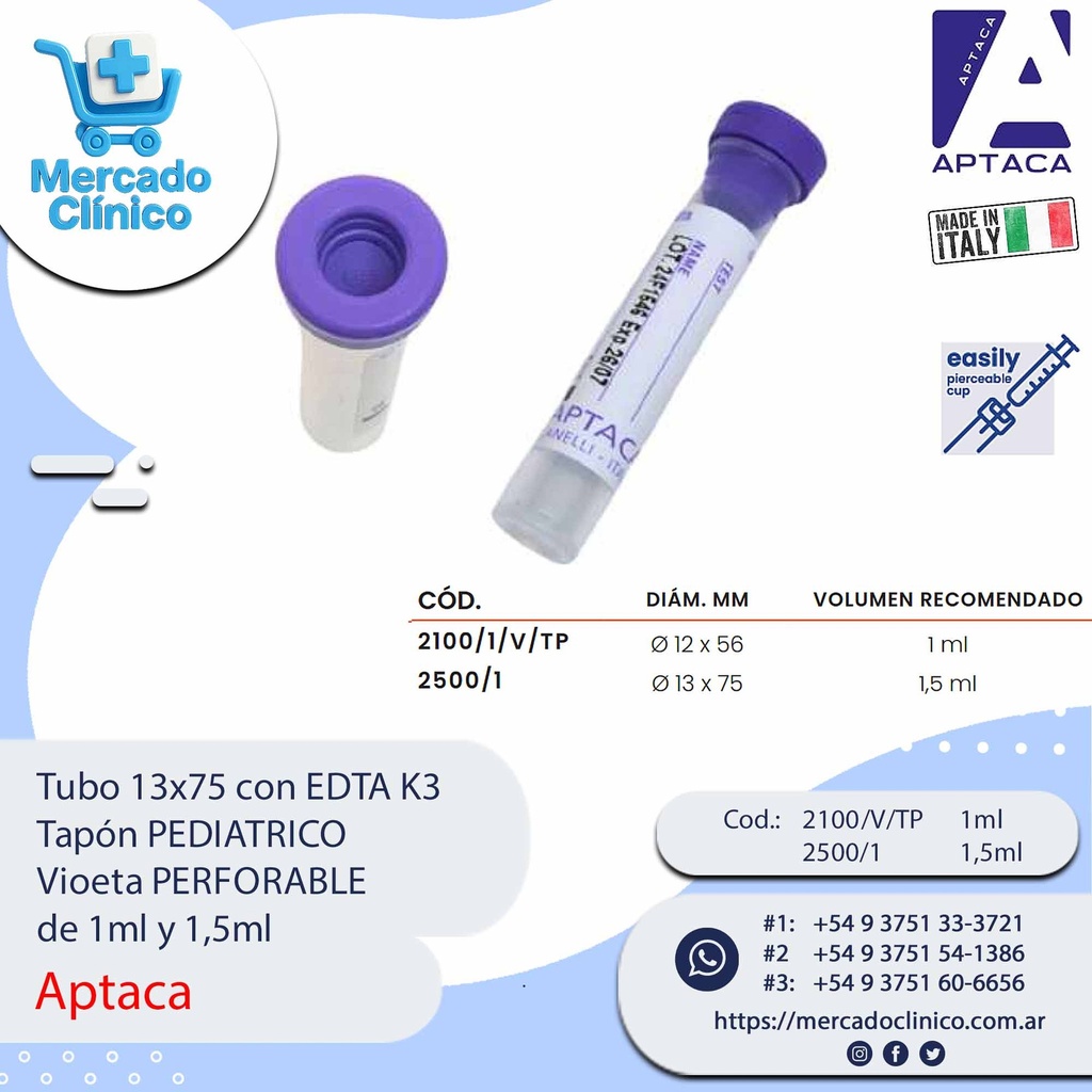 Tubo 13x75 con EDTA K3  Tapón PEDIATRICO  Vioeta PERFORABLE de 1ml y 1,5ml  - Aptaca