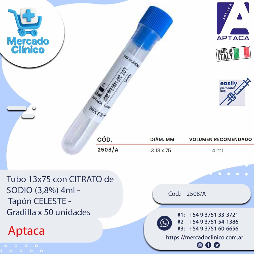 Tubo 13x75 con CITRATO de  SODIO (3,8%) 4ml -  Tapón CELESTE -  Gradilla x 100 unidades - Aptaca