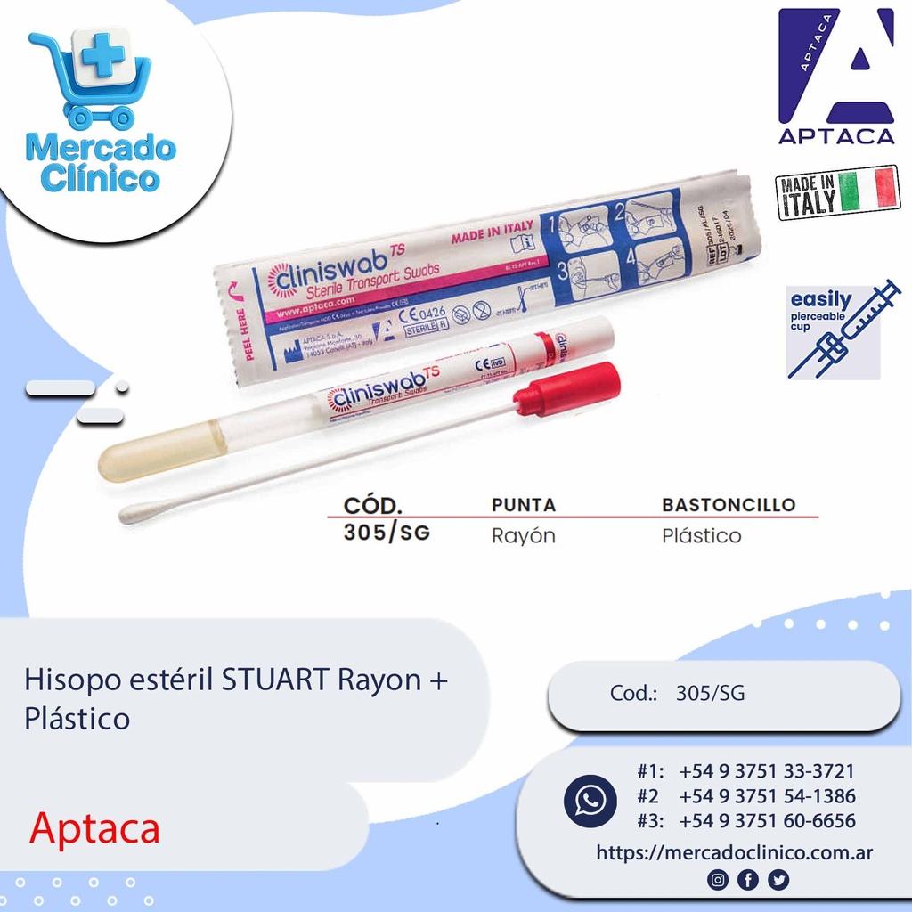 Hisopo estéril STUART Rayon +  Plástico - Aptaca