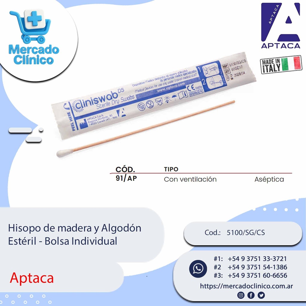 Hisopo de madera y Algodón Estéril - Bolsa Individual - Aptaca
