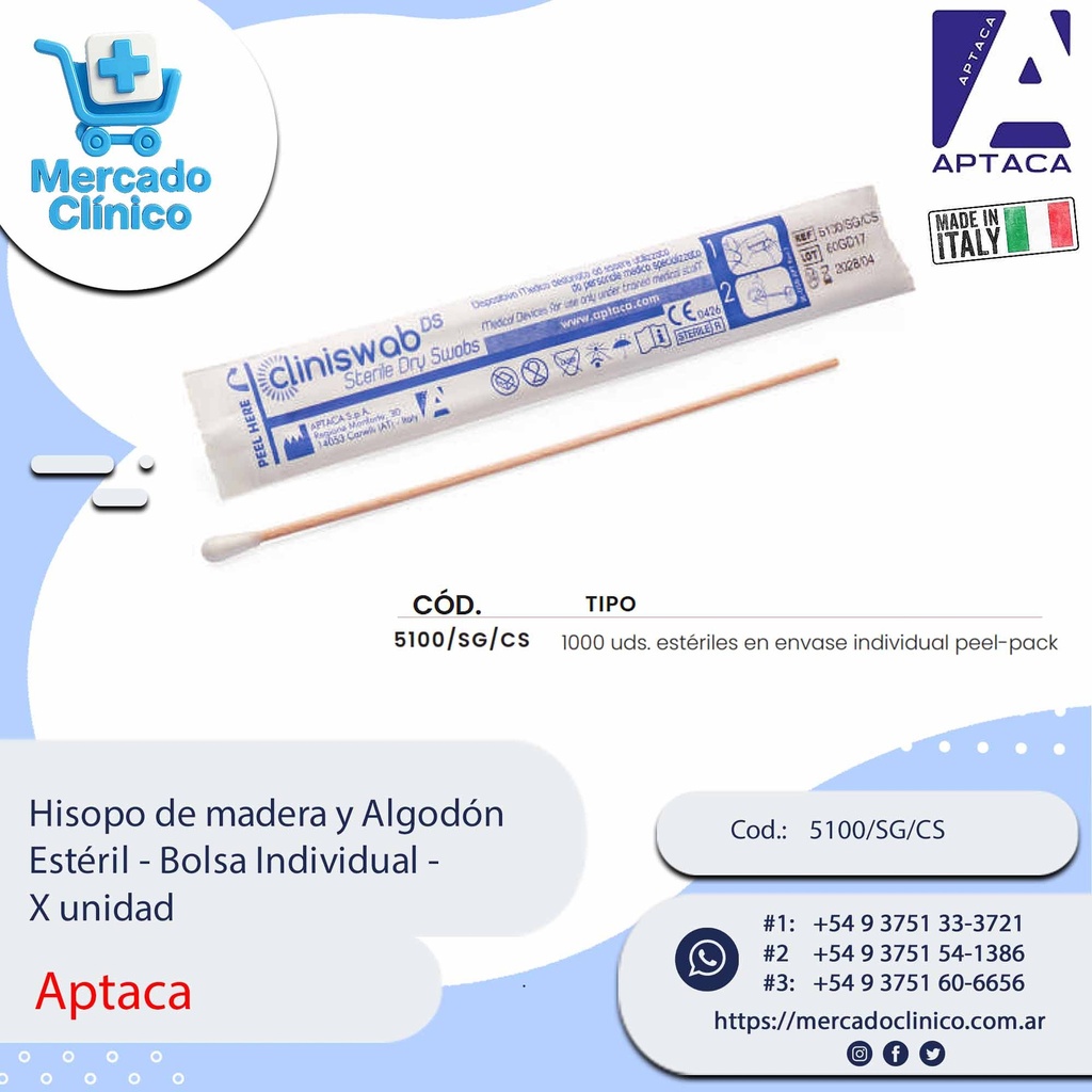 Hisopo de madera y Algodón Estéril - Bolsa Individual - X unidad - Aptaca