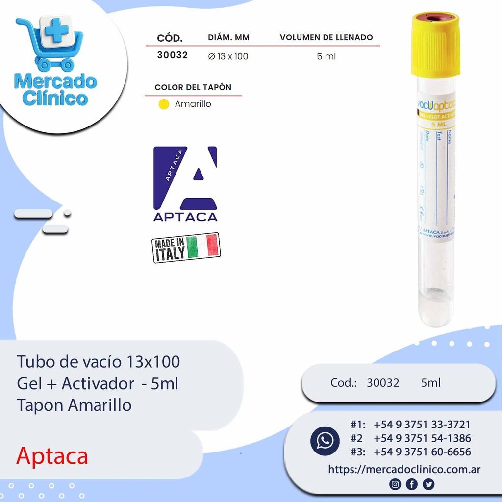 Tubo de vacío 13x75  Gel + Activador - 3,5ml -  Tapon Amarillo - Aptaca