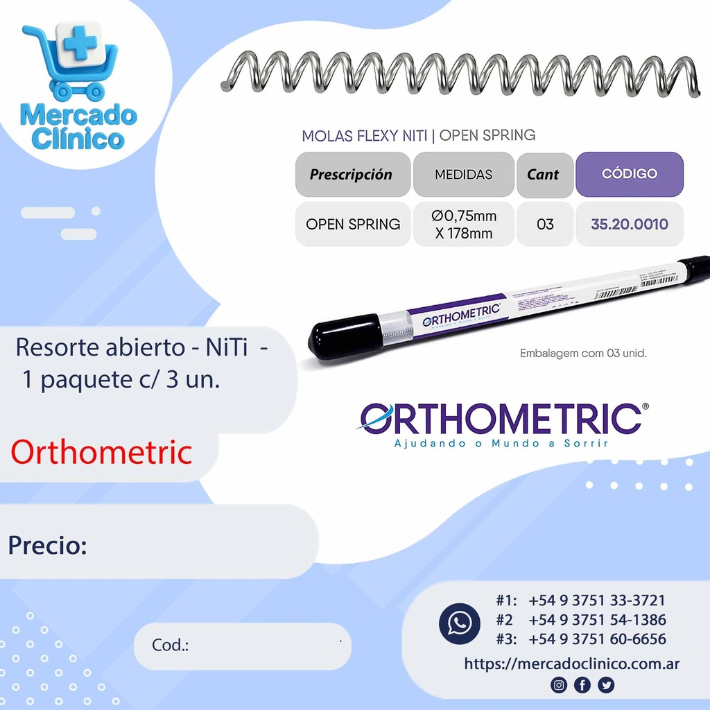 Resorte abierto - NiTi  - 1 paquete c/ 3 un. -Orthometric 