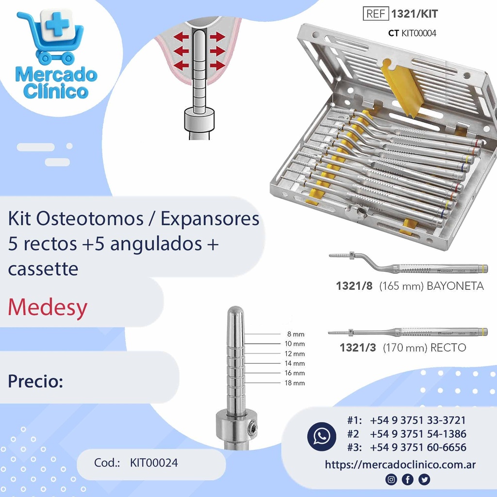 Kit Osteotomos / Expansores 5 rectos +5 angulados + cassette - Medesy