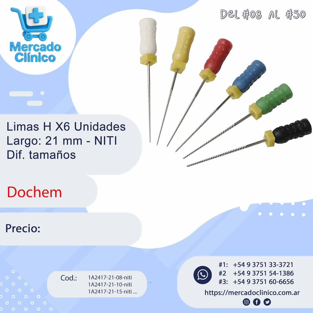 Limas H X6 Unidades - NITI - Largo: 21 mm - Dif. tamaños - Dochem