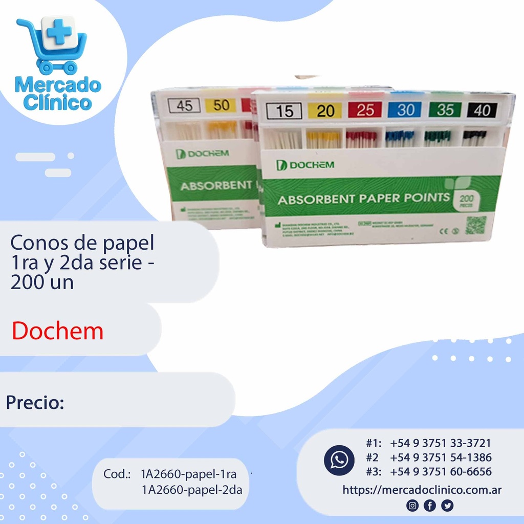 Conos de endodoncia de papel, milimetrados, absorbentes x 200 un - Dochem