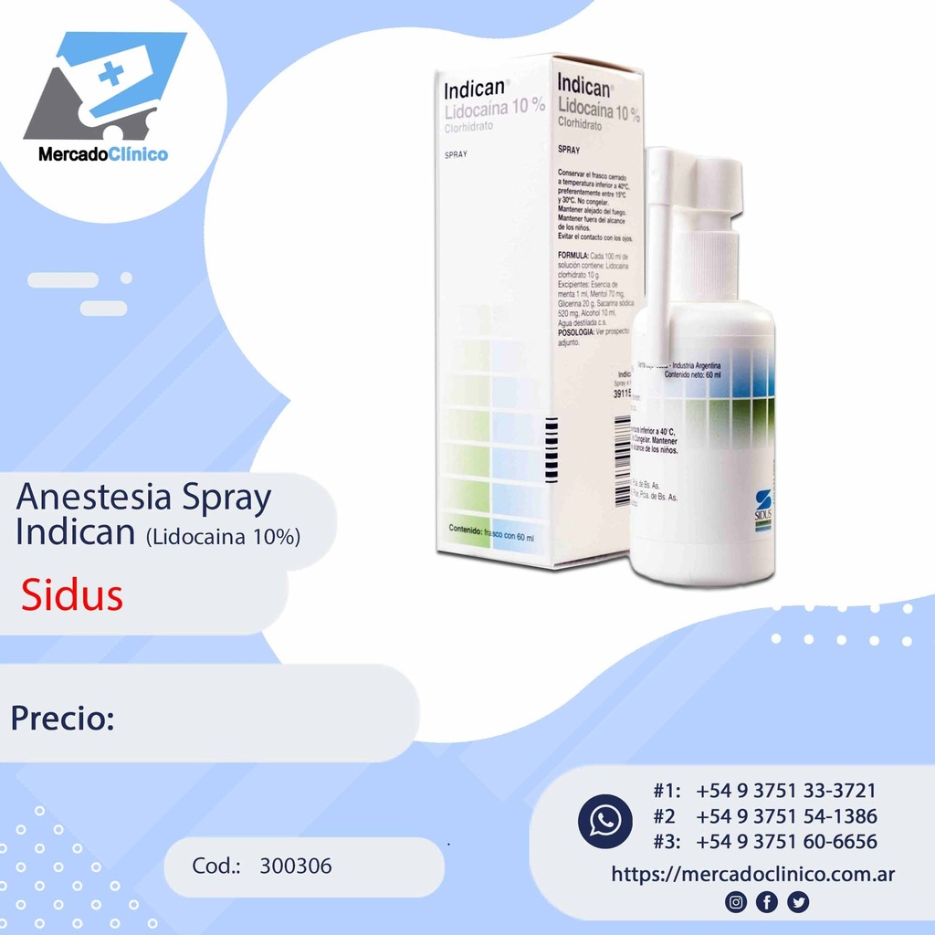 Anestesia en Spray Indican (lidocaina al 10%) - Sidus