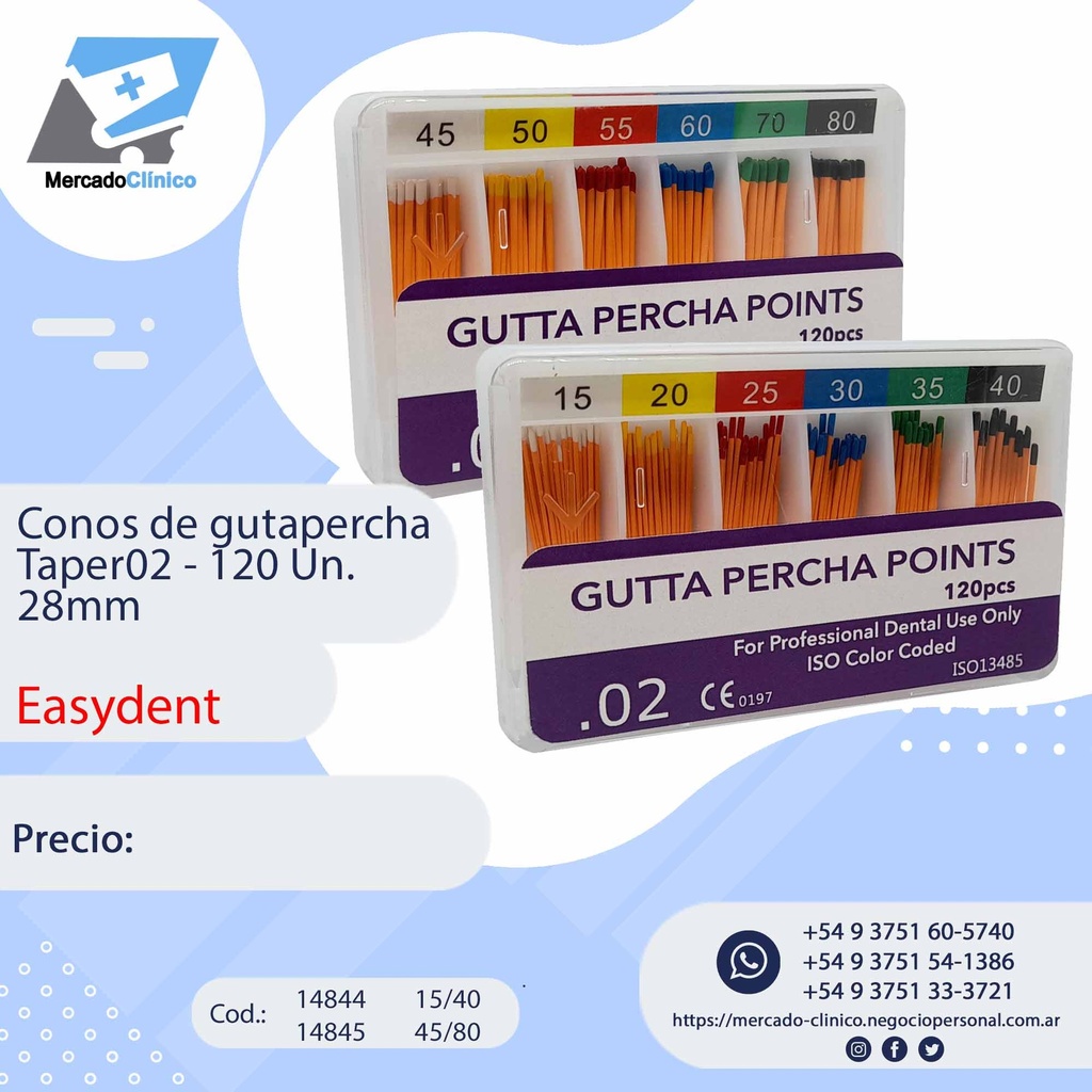 Conos de gutapercha Taper 02  - 120 Un. 28mm - Easydent
