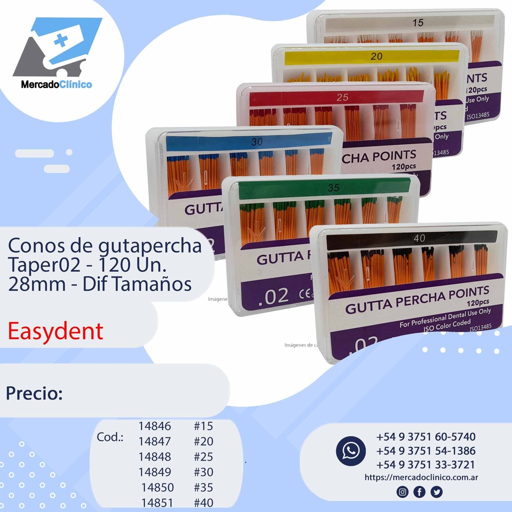 Conos de gutapercha Taper02 - 120 Un. 28mm - Dif Tamaños - Easydent