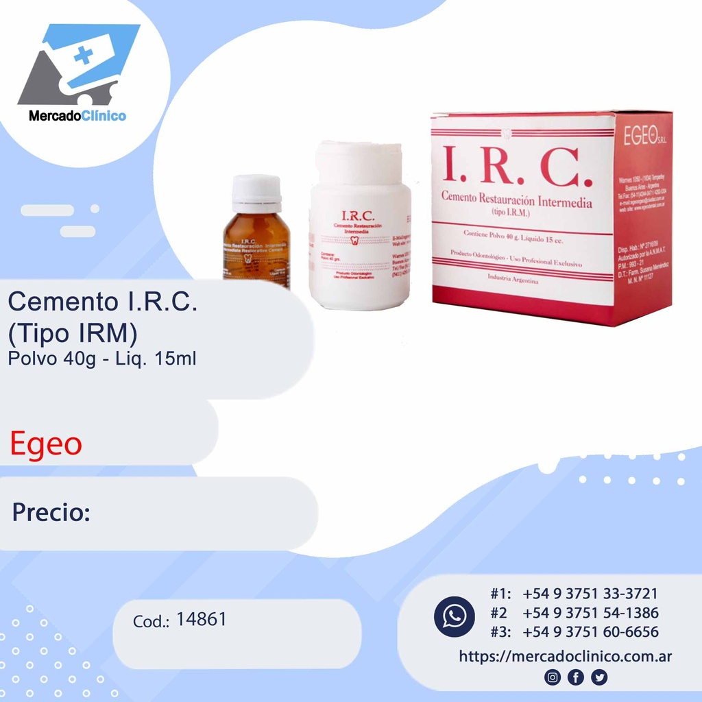 Cemento IRC (tipo IRM)  Pol40g .Liq15ml -   (provisorio) - Egeo