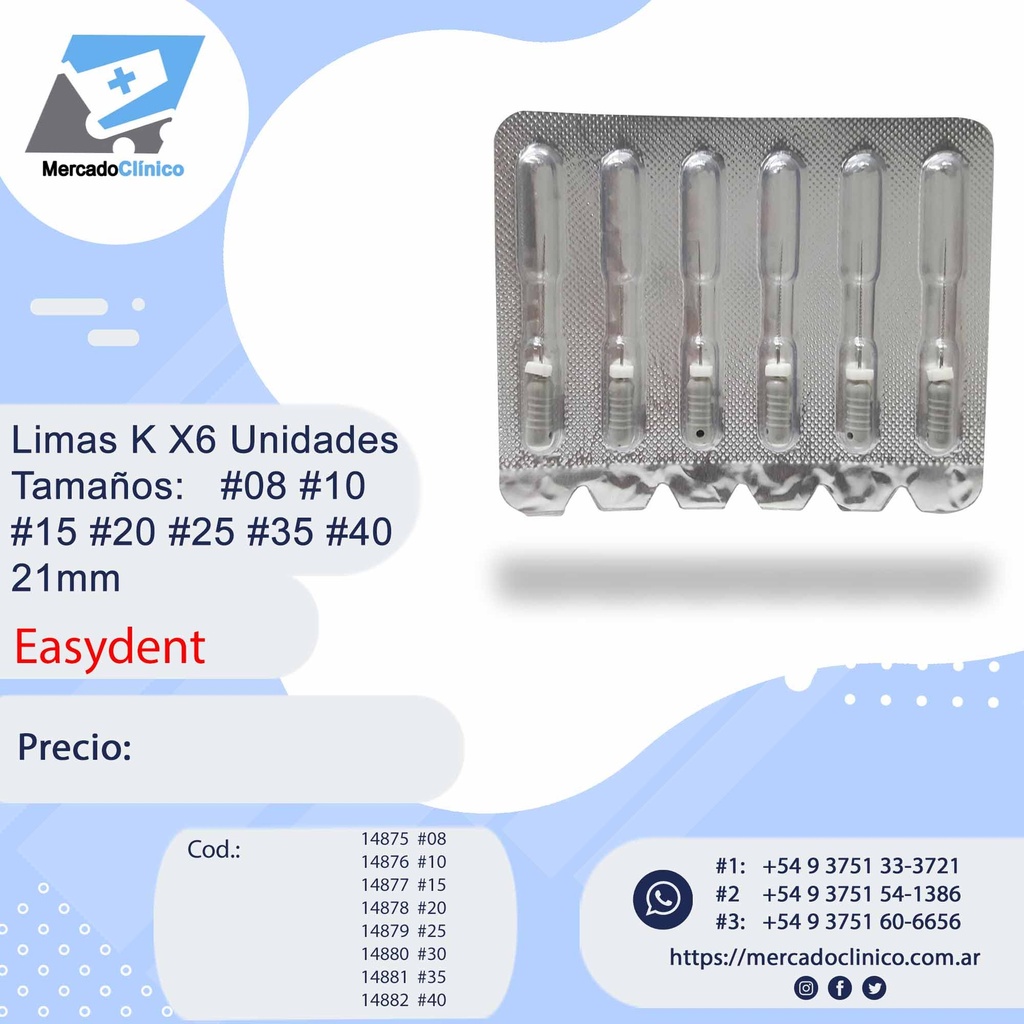Limas K X6 Unidades - 21mm - dif. tamaños (08-10-15-20-25-30-35-40) - Easydent