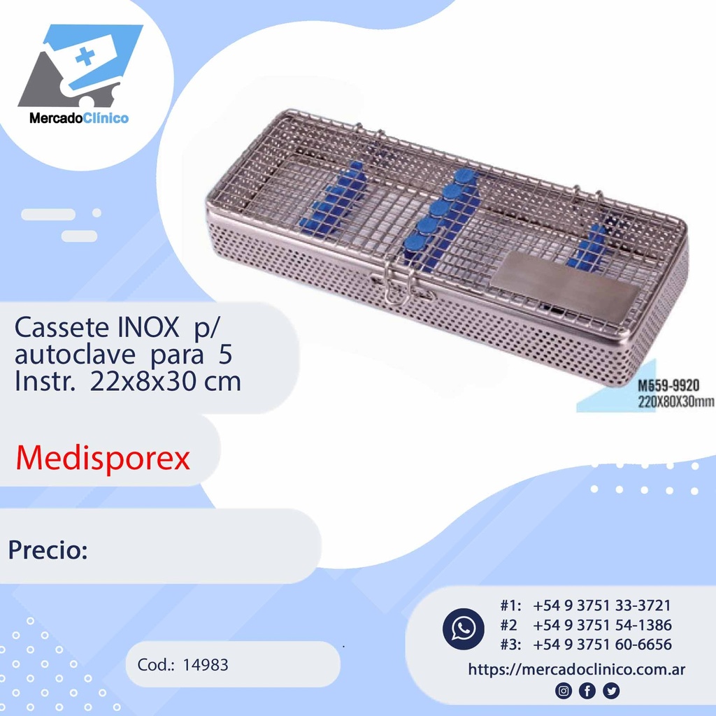 Cassete INOX  p/ autoclave  para  5 Instr.  22x8x30 cm - MEDISPOREX