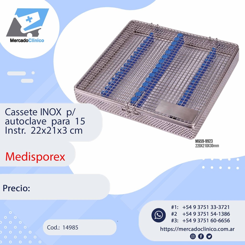 Cassete INOX p/ autoclave para 15 Instr. 22x21x3 cm - MEDISPOREX