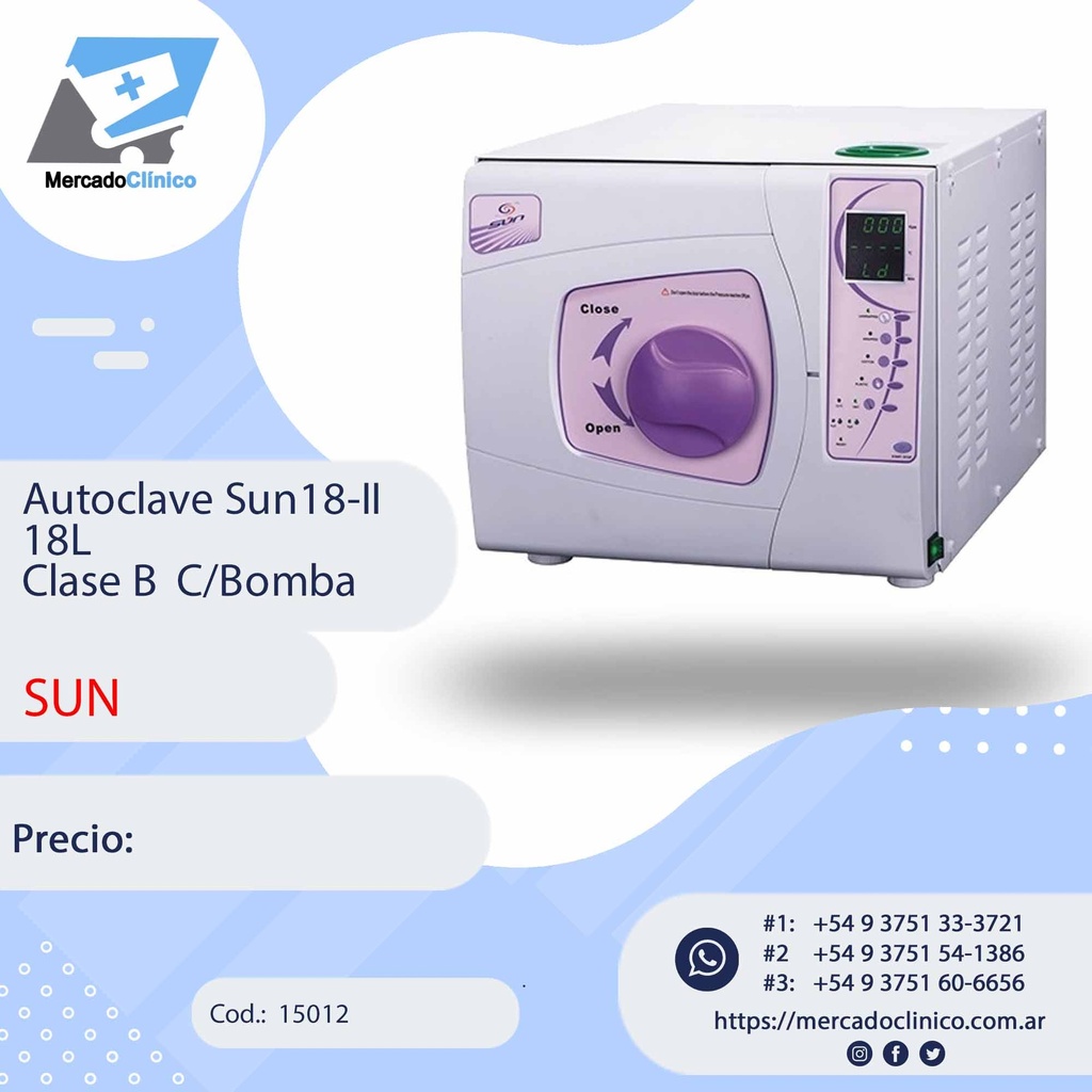 Autoclave Sun18-II 18L  Clase B  C/Bomba - SUN