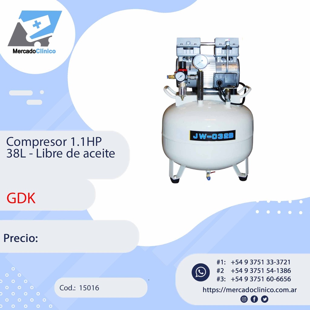 Compresor 1.1HP 38L - Libre de aceite - JUNWEI GDK