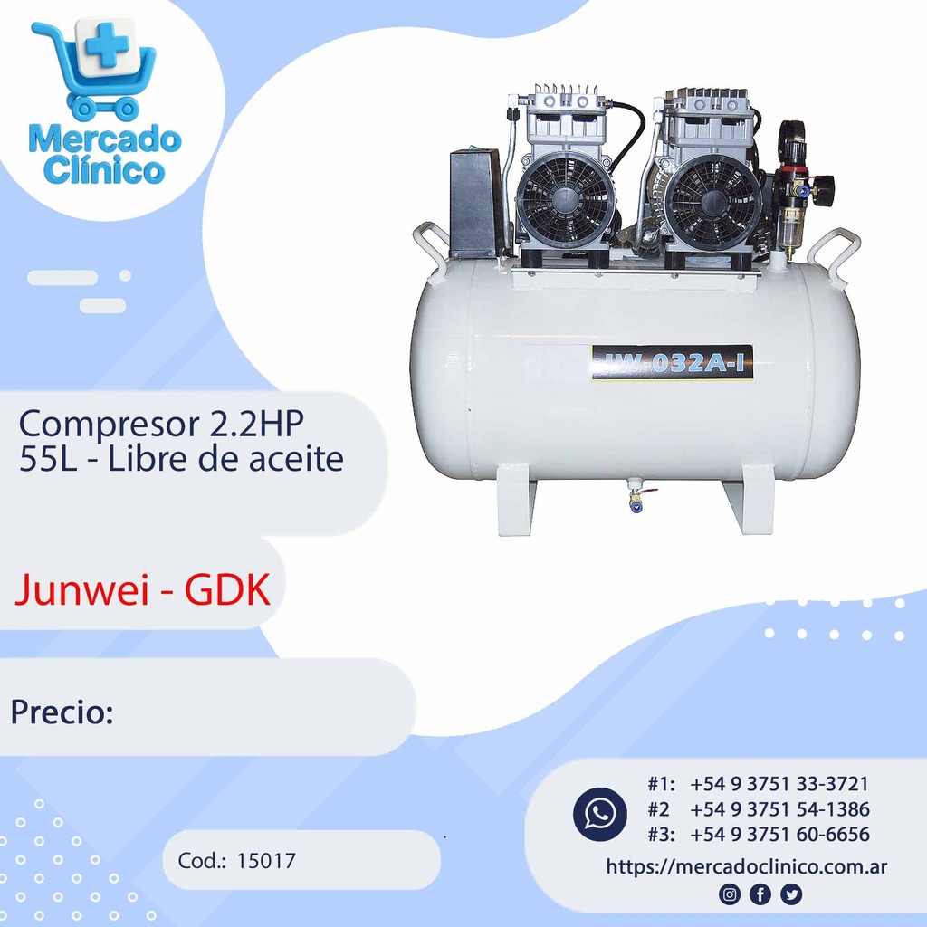 Compresor 2.2HP 55L - Libre de aceite - JUNWEI
