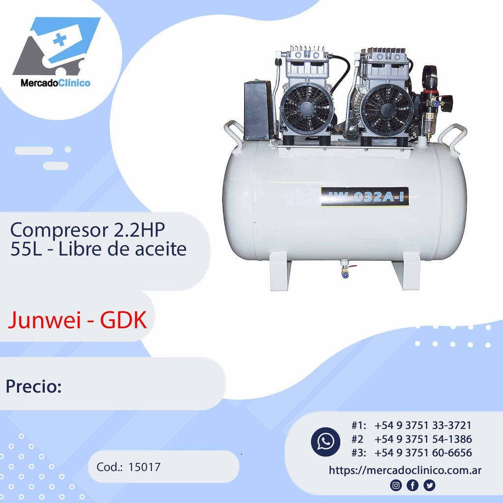 Compresor 2.2HP 55L - Libre de aceite - JUNWEI
