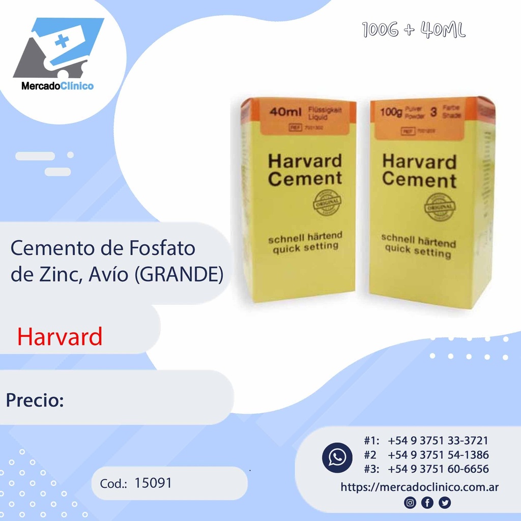 Cemento de Fosfato de Zinc, Avío (GRANDE): 100g + 40ml. HARVARD